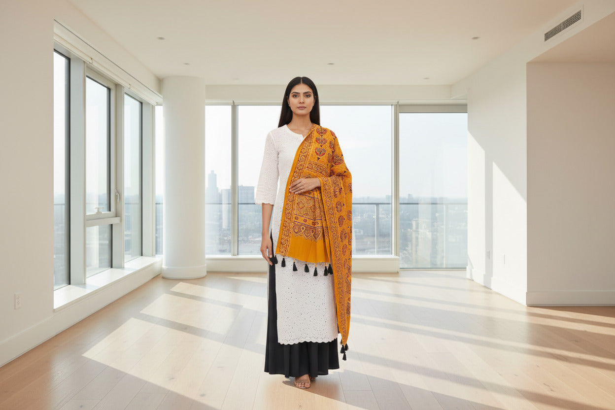 Buy Ajrakh Printed Rayon Stole in brown – Tvahra
