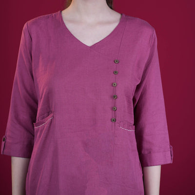 Solid Angrakha Flex Cotton Kurta - Pink