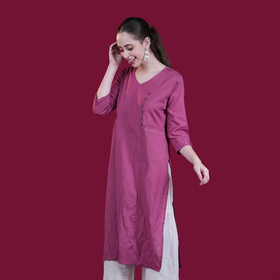 Solid Angrakha Flex Cotton Kurta - Pink
