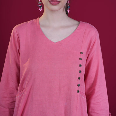 Solid Angrakha Flex Cotton Kurta - Peach