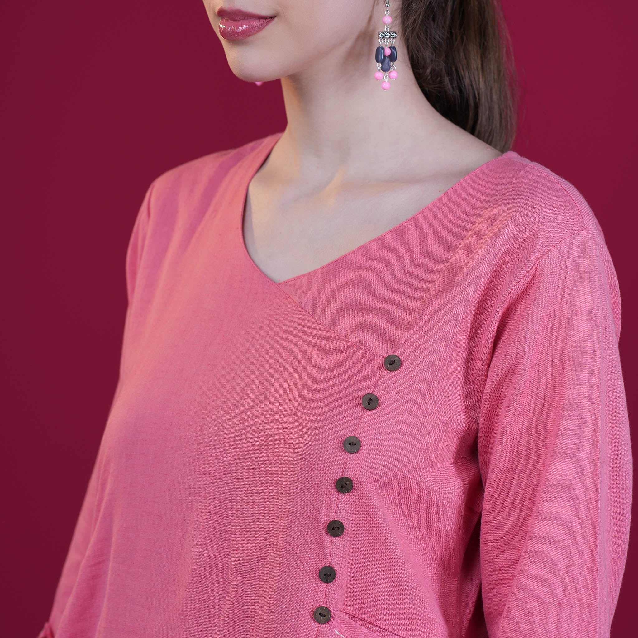 Solid Angrakha Flex Cotton Kurta - Peach