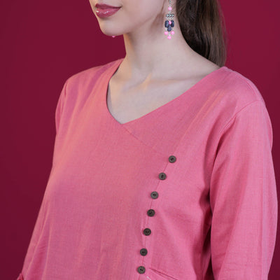 Solid Angrakha Flex Cotton Kurta - Peach