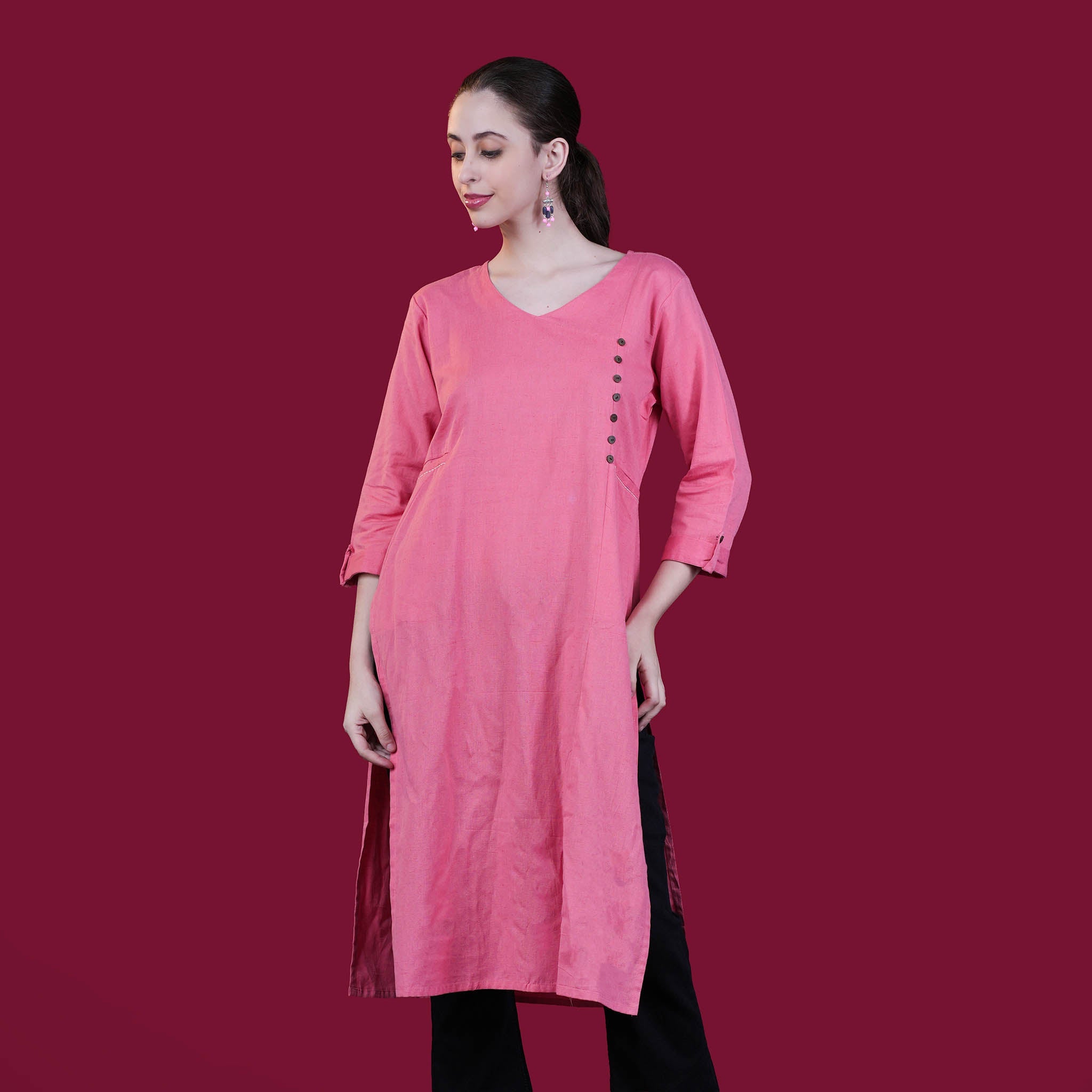Solid Angrakha Flex Cotton Kurta - Peach