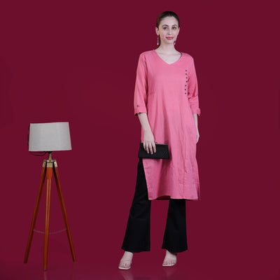 Solid Angrakha Flex Cotton Kurta - Peach