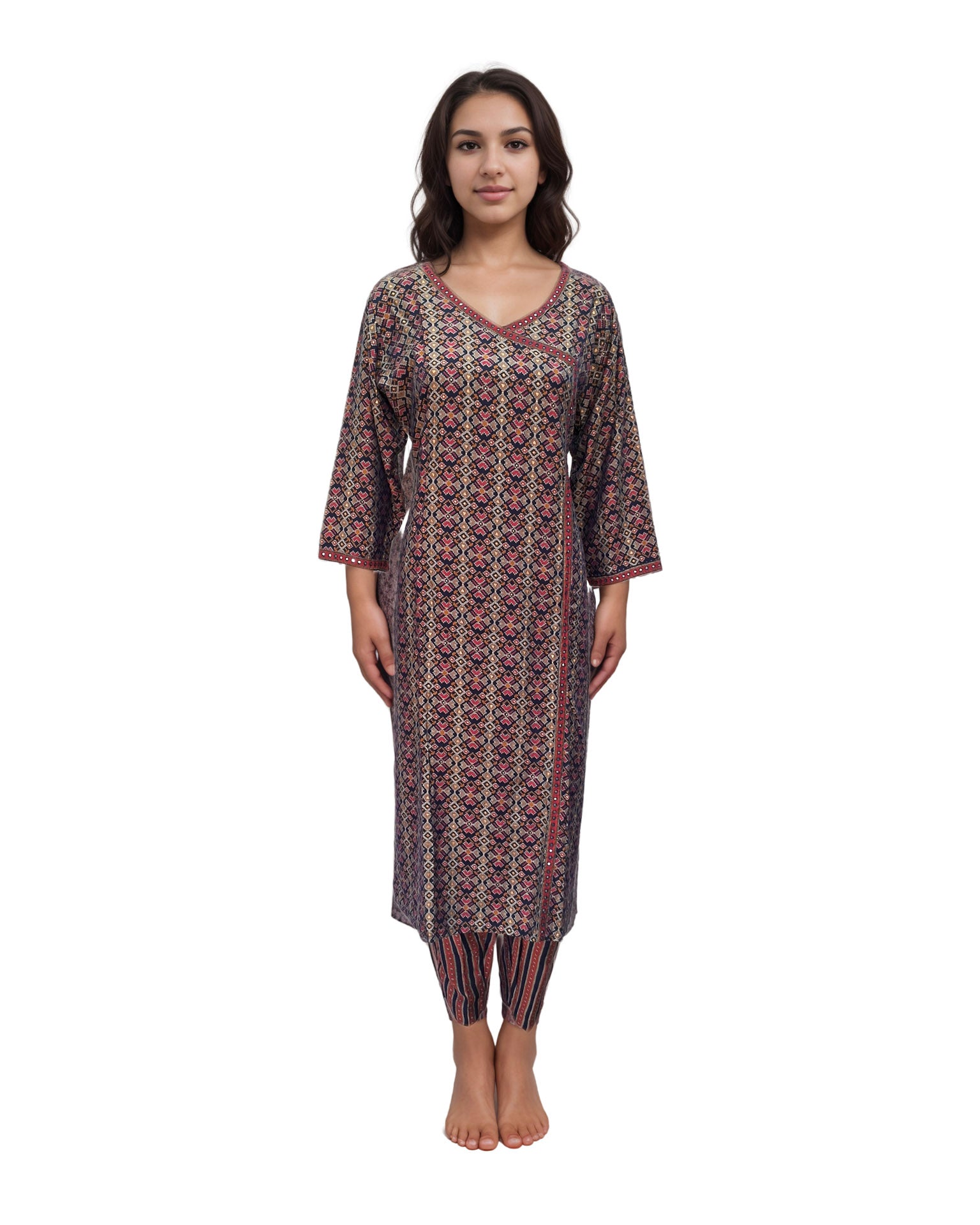 Angrakha Style Muslin Kurta Pant Set With Mirror Work & Foil