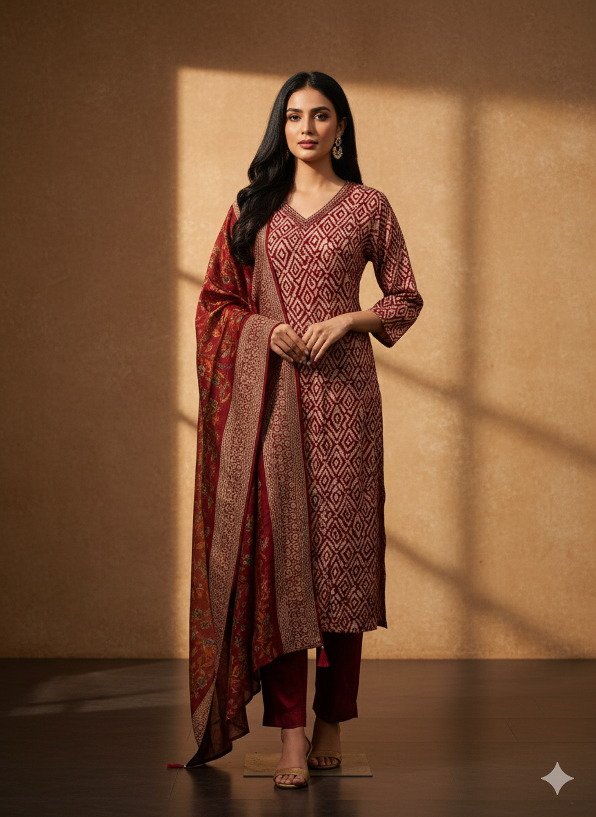 V-Neck Chanderi Kurta Pant Dupatta Set With Sequin & CutDana Work