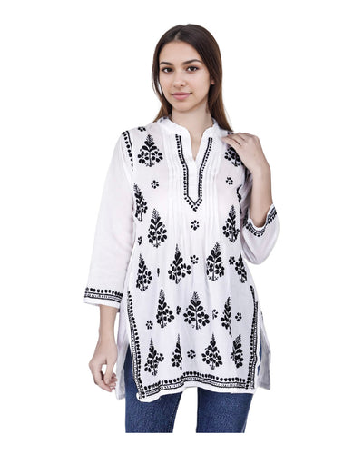 White Mul Cotton Short Kurta With Black Chikankari Work
