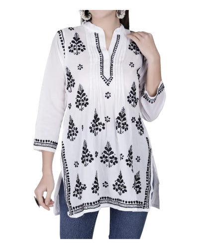 Buy White Mul Cotton Short Kurta With Black Chikankari Work – Tvahra