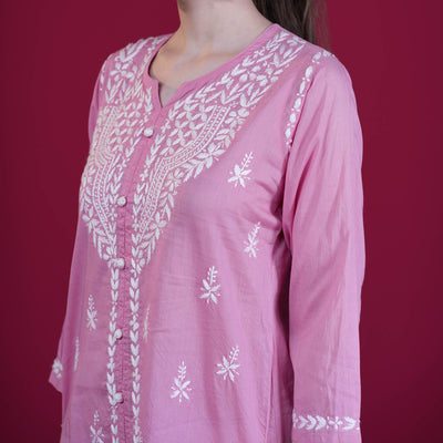 Pretty Pink Chikankari Cotton Short Kurta