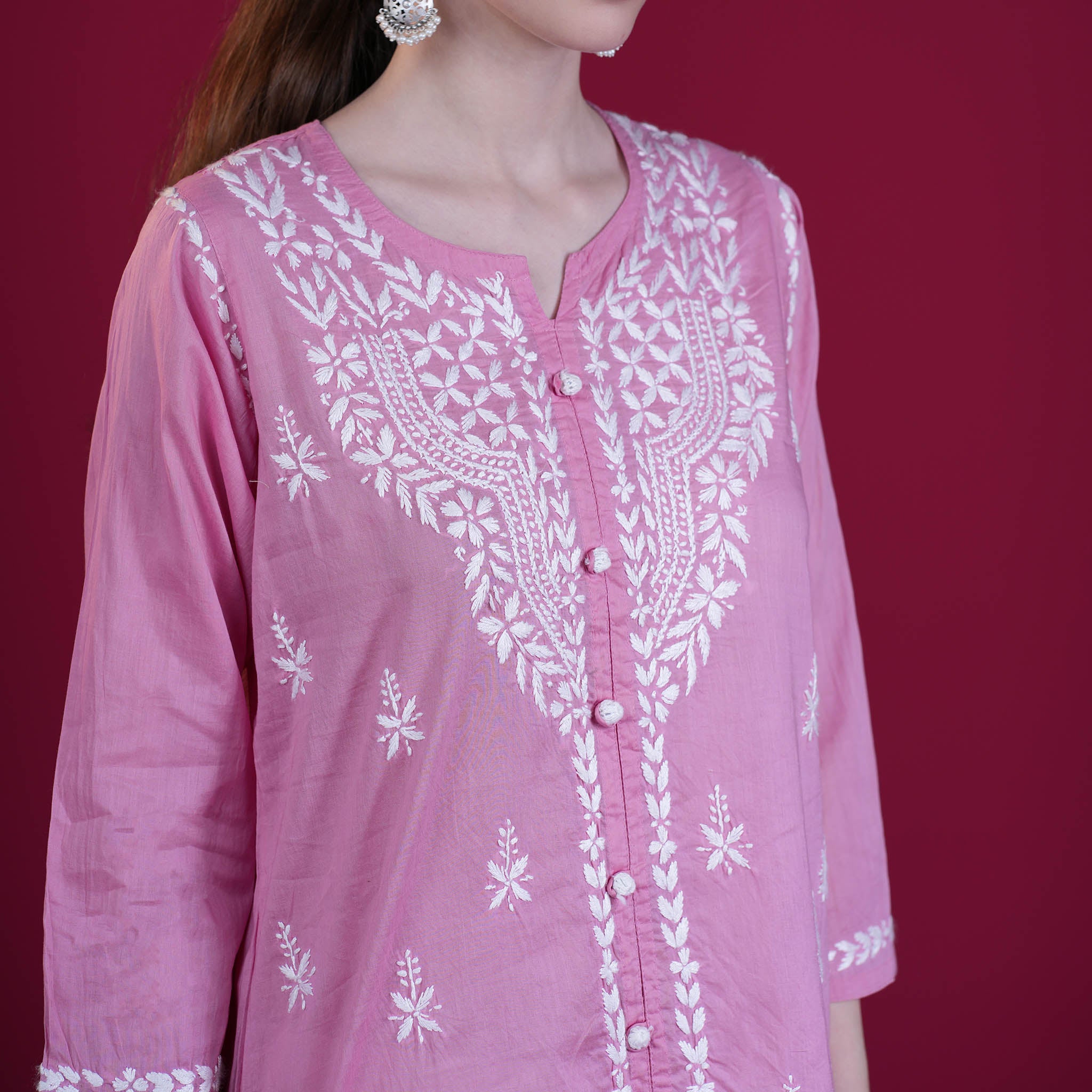 Pretty Pink Chikankari Cotton Short Kurta