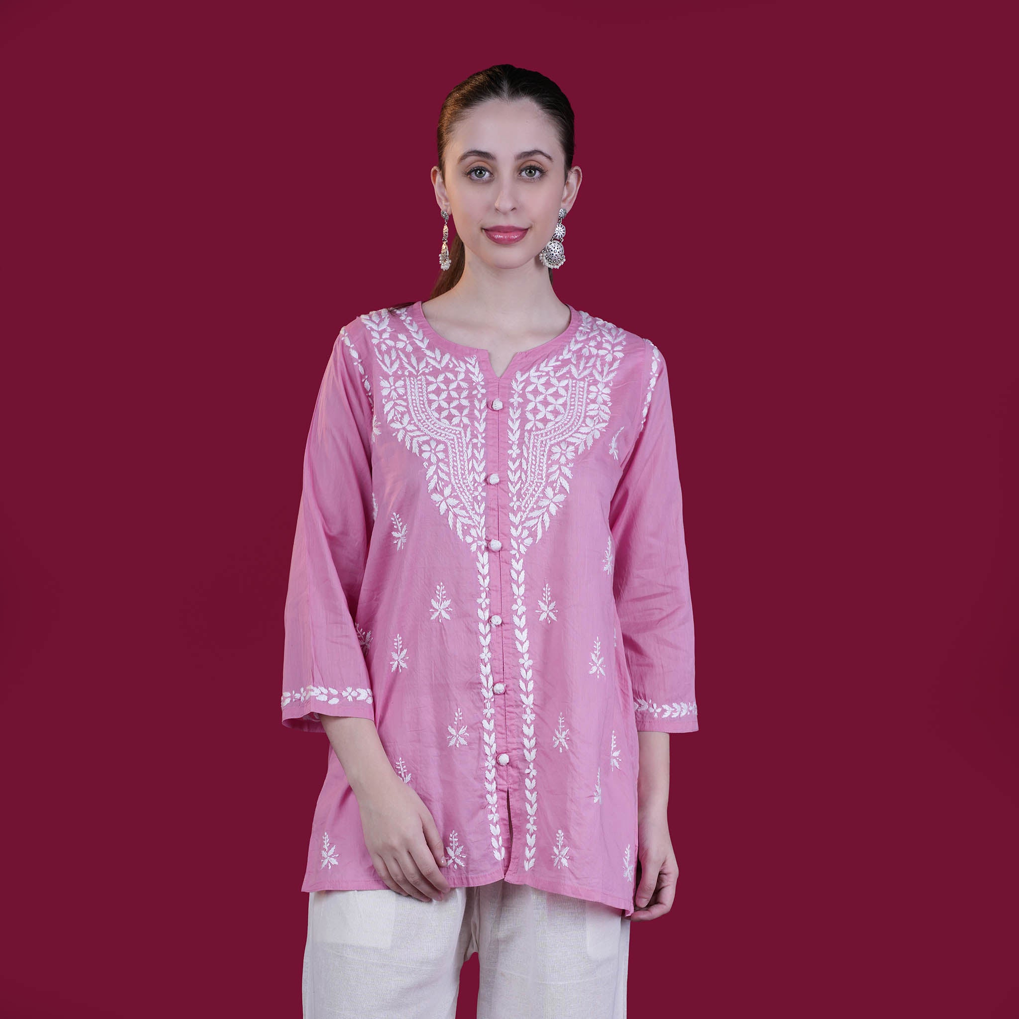 Pretty Pink Chikankari Cotton Short Kurta