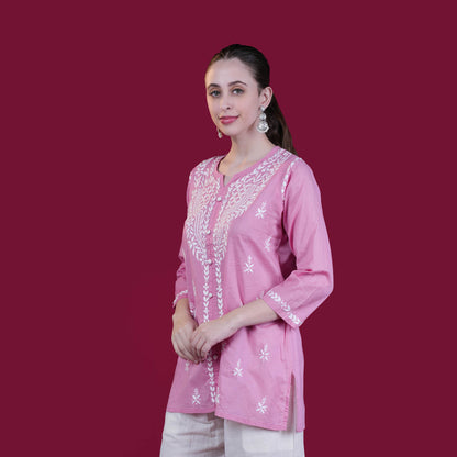 Pretty Pink Chikankari Cotton Short Kurta