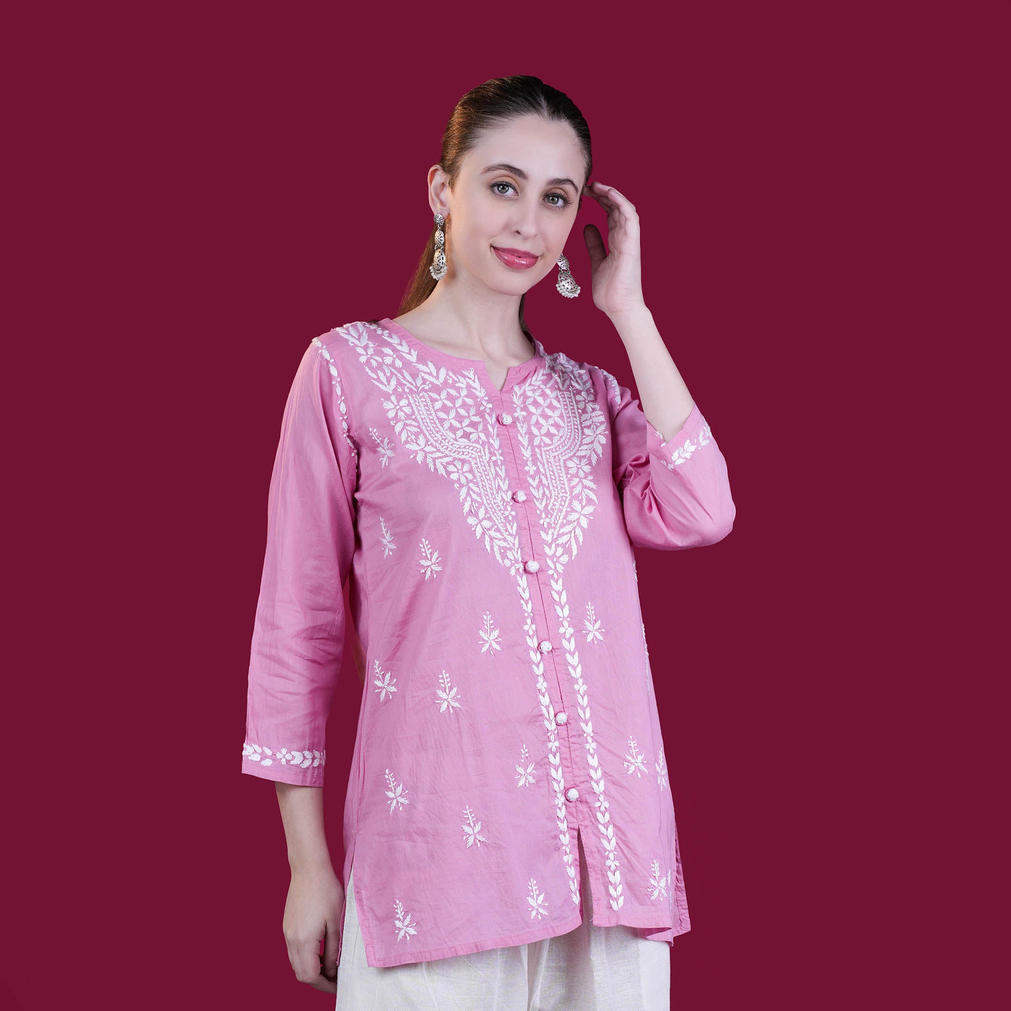 Pretty Pink Chikankari Cotton Short Kurta
