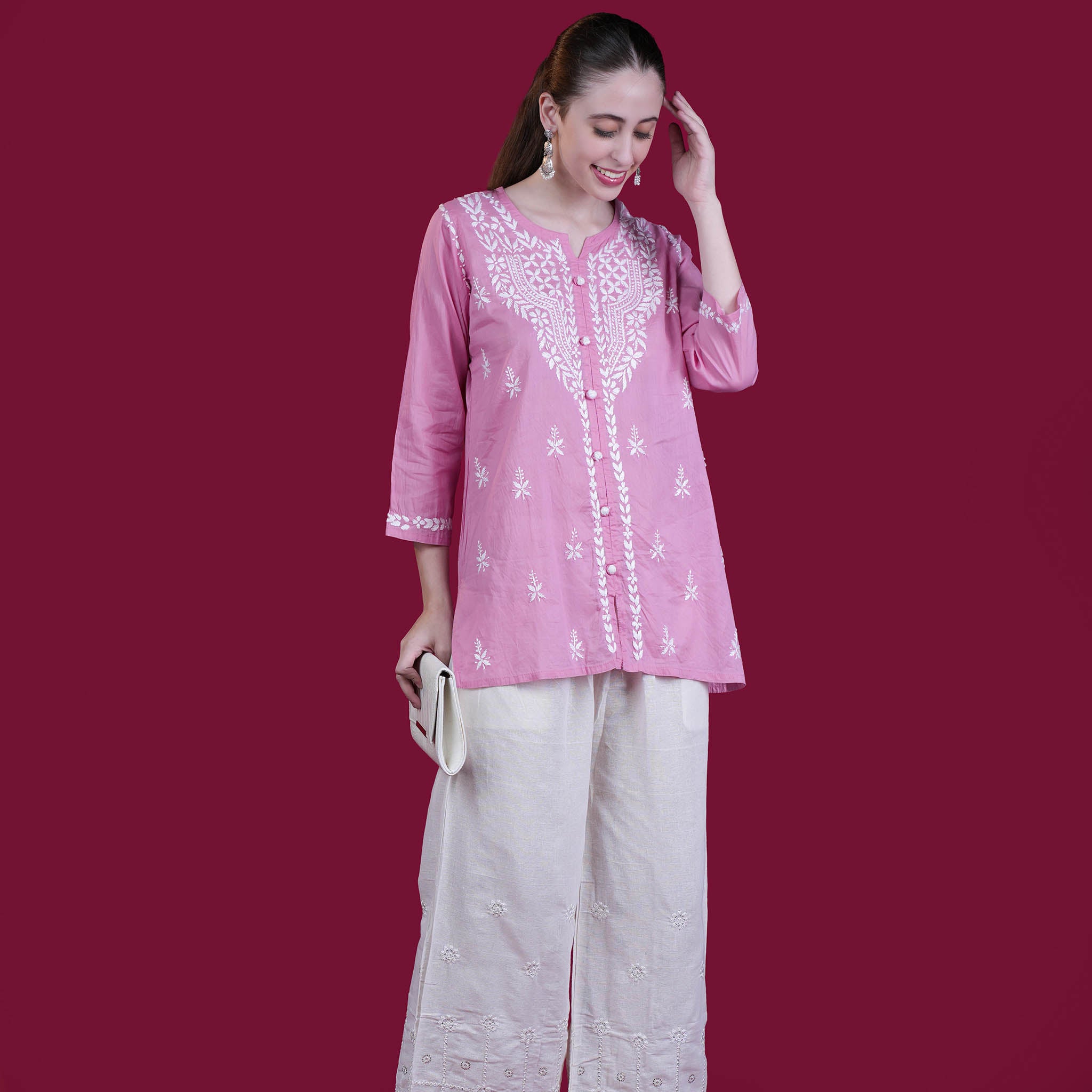 Pretty Pink Chikankari Cotton Short Kurta