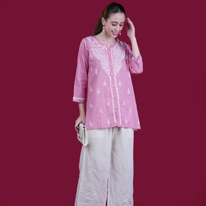 Pretty Pink Chikankari Cotton Short Kurta