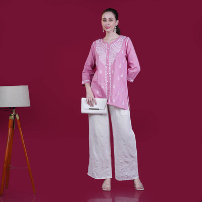 Pretty Pink Chikankari Cotton Short Kurta