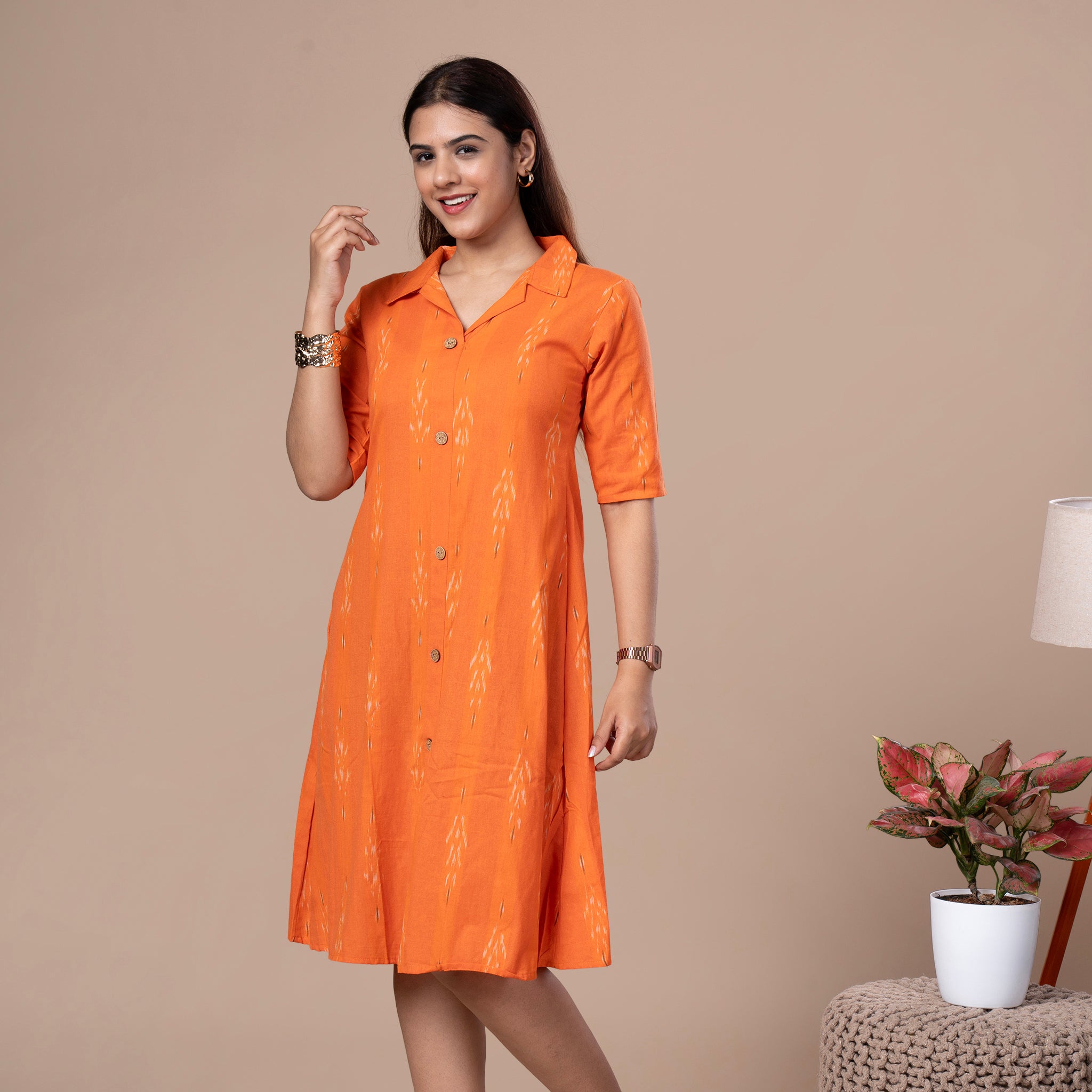 Collared One Piece Ikkat Cotton Kurta