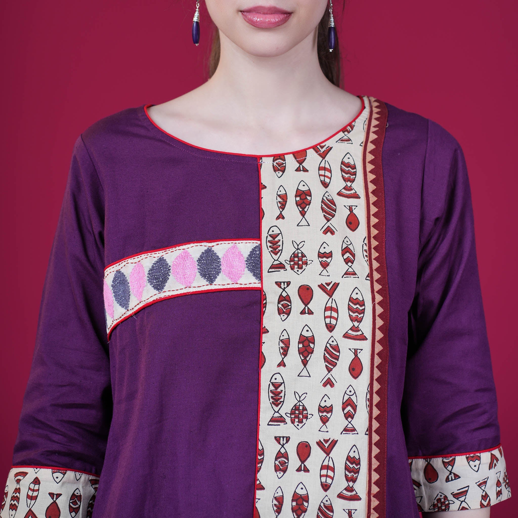 Kantha Work Cotton Designer Tunic With Dabu Patchwork - Purple