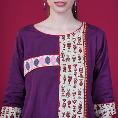 Kantha Work Cotton Designer Tunic With Dabu Patchwork - Purple