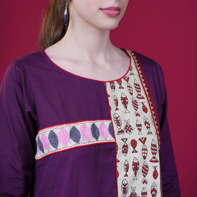 Kantha Work Cotton Designer Tunic With Dabu Patchwork - Purple
