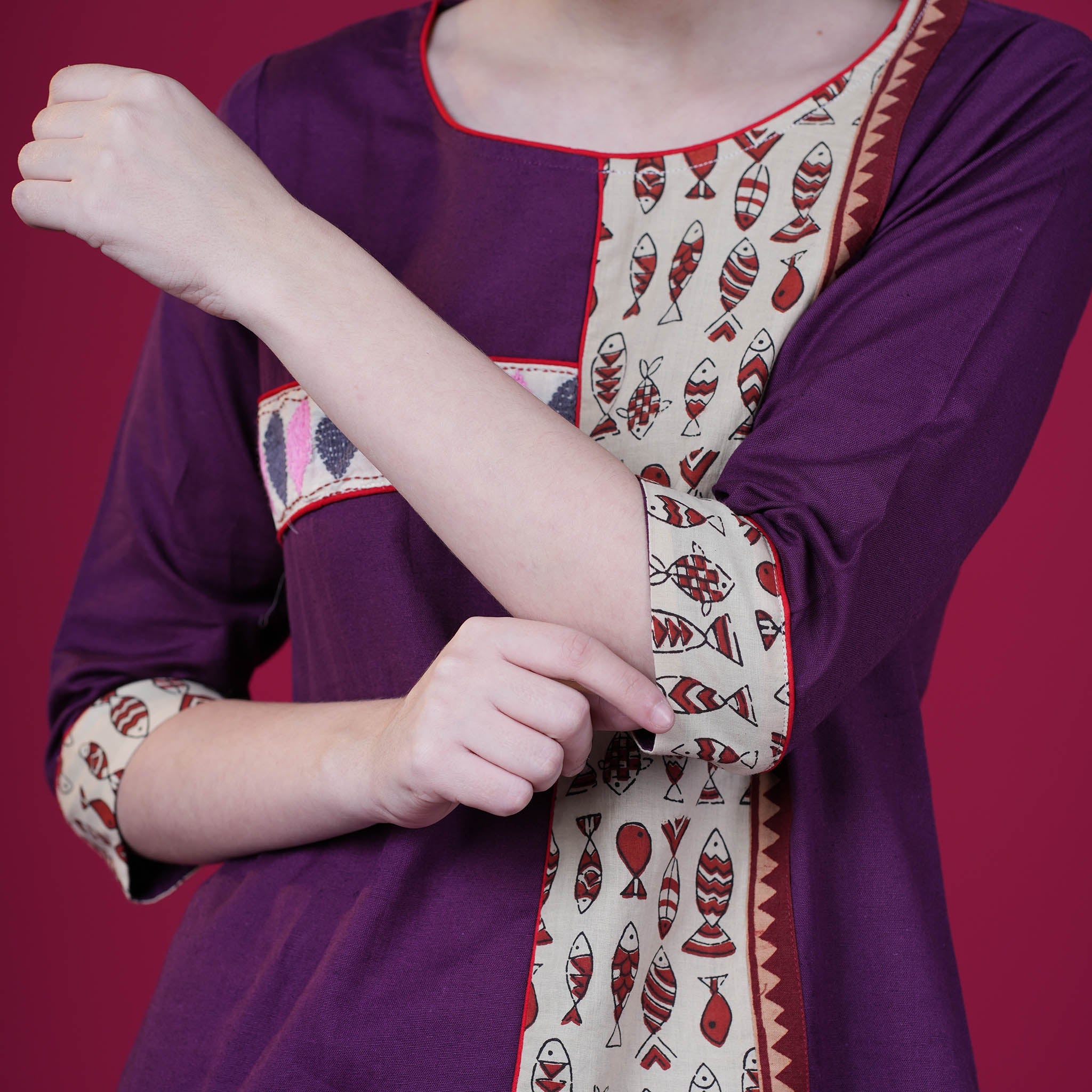 Kantha Work Cotton Designer Tunic With Dabu Patchwork - Purple