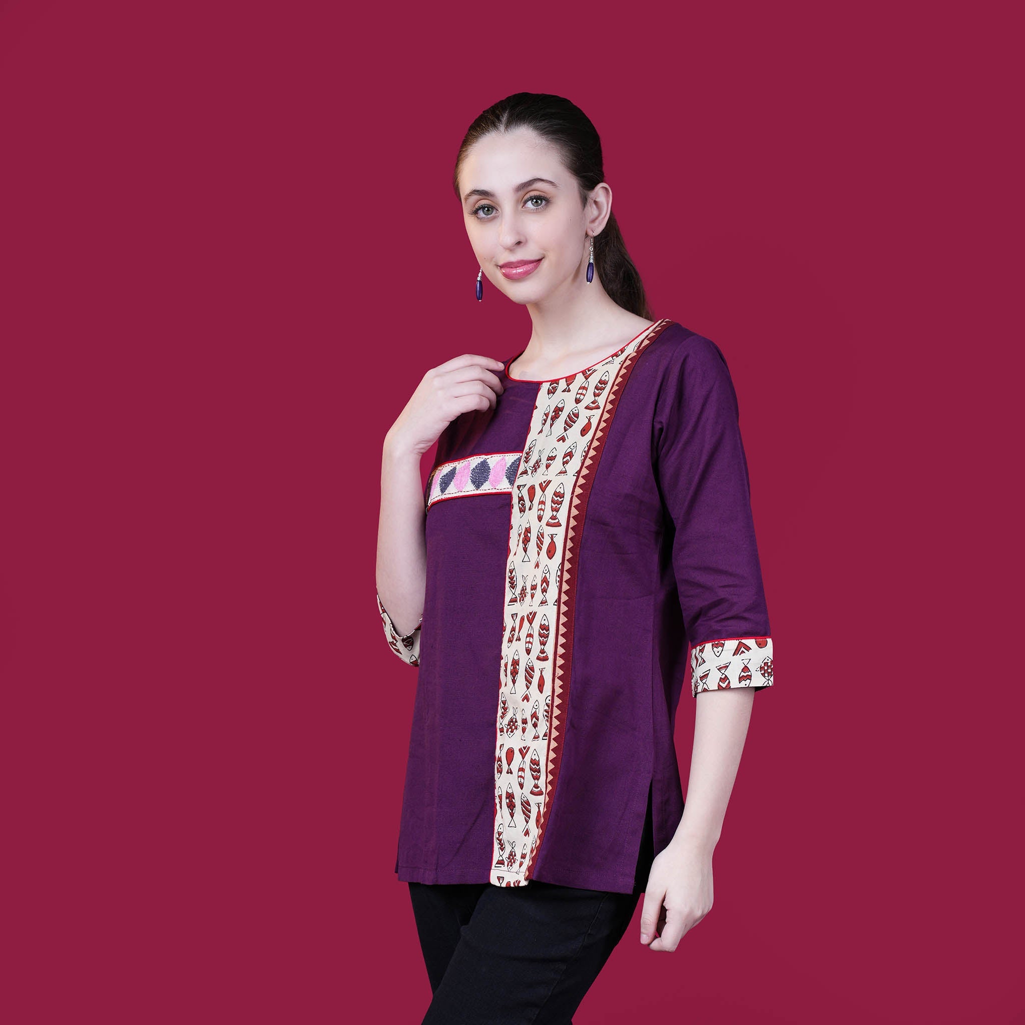 Kantha Work Cotton Designer Tunic With Dabu Patchwork - Purple
