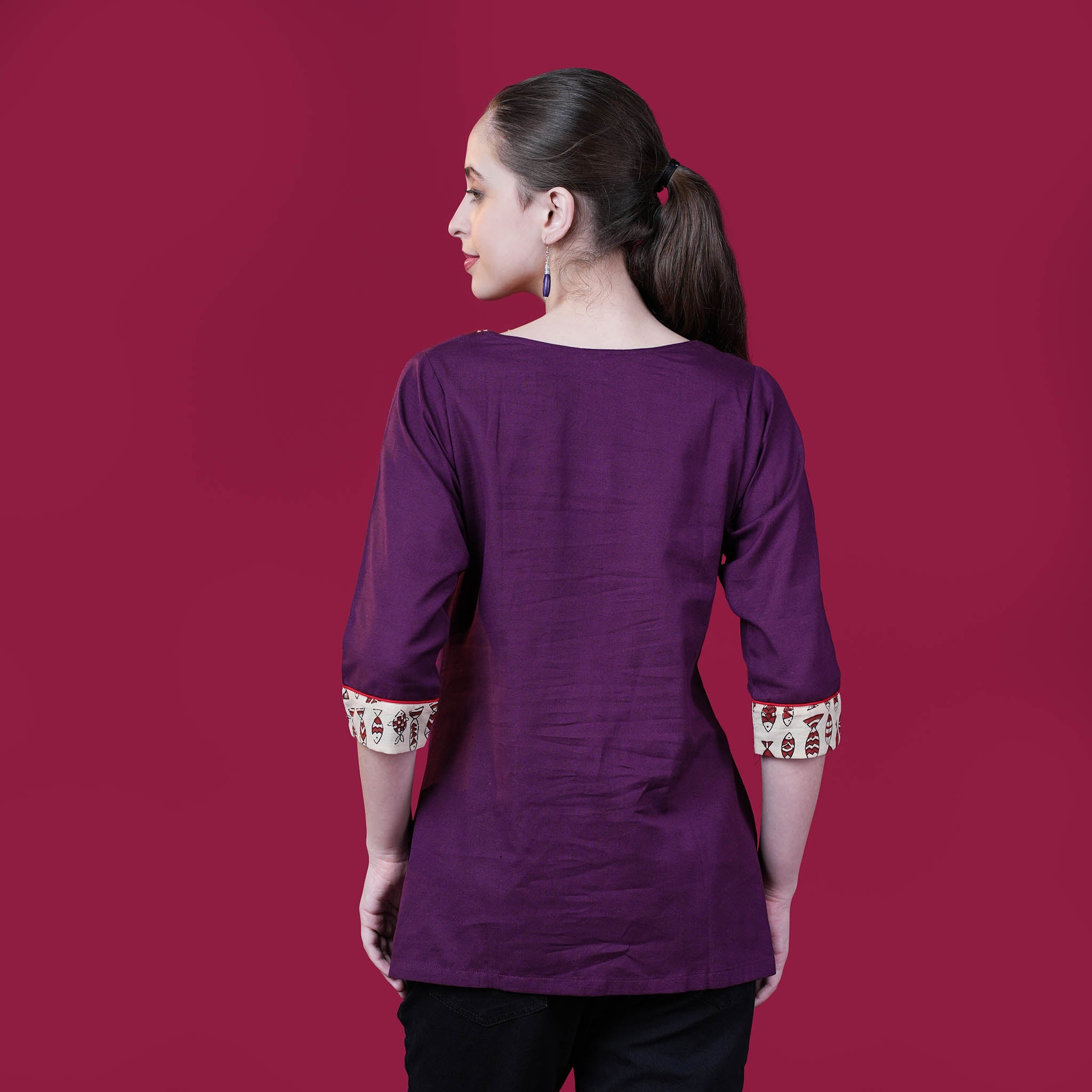 Kantha Work Cotton Designer Tunic With Dabu Patchwork - Purple