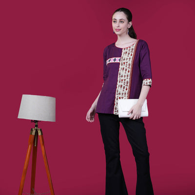 Kantha Work Cotton Designer Tunic With Dabu Patchwork - Purple