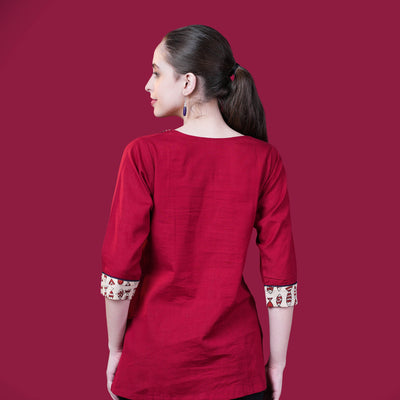 Kantha Work Cotton Designer Tunic With Dabu Patchwork - Red