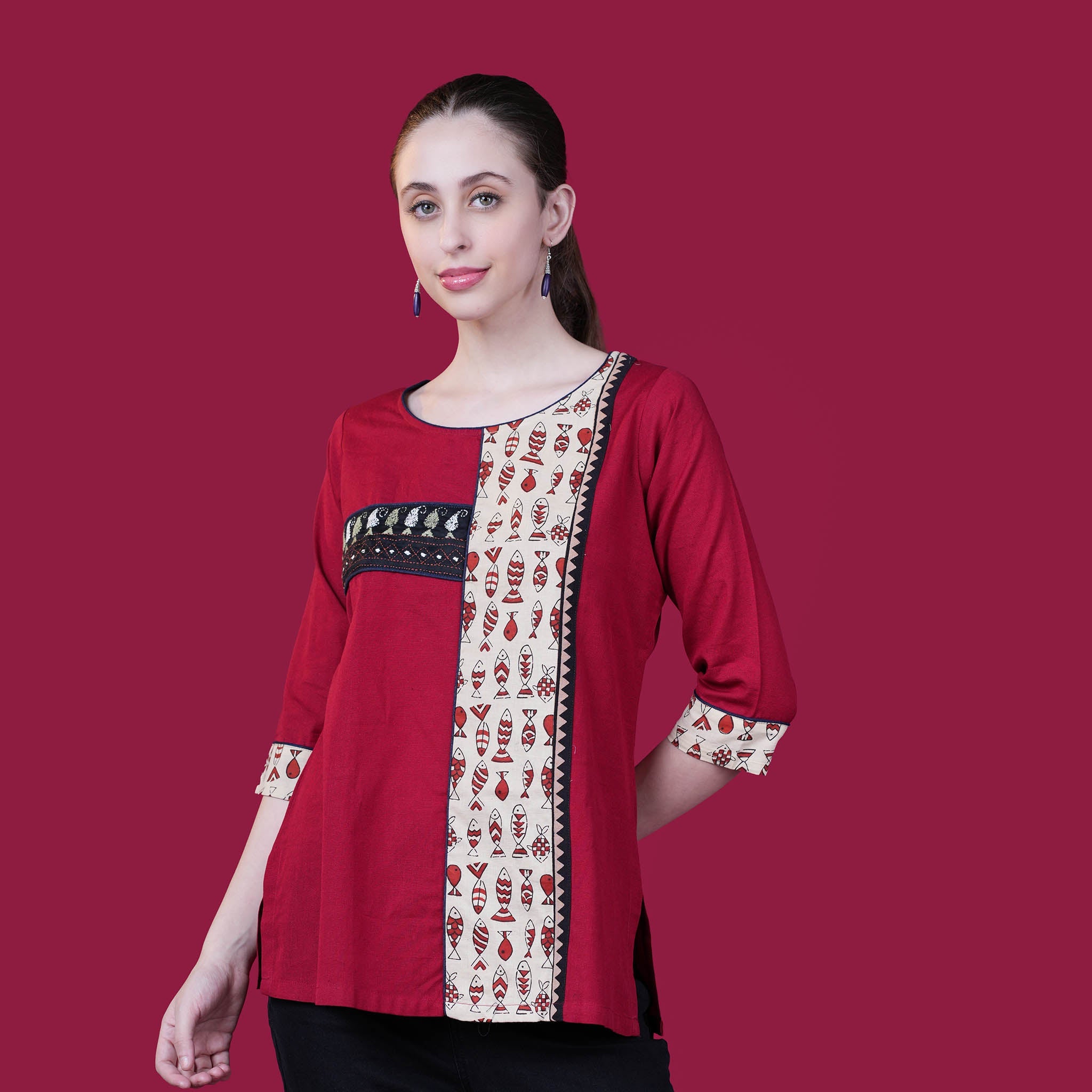 Kantha Work Cotton Designer Tunic With Dabu Patchwork - Red