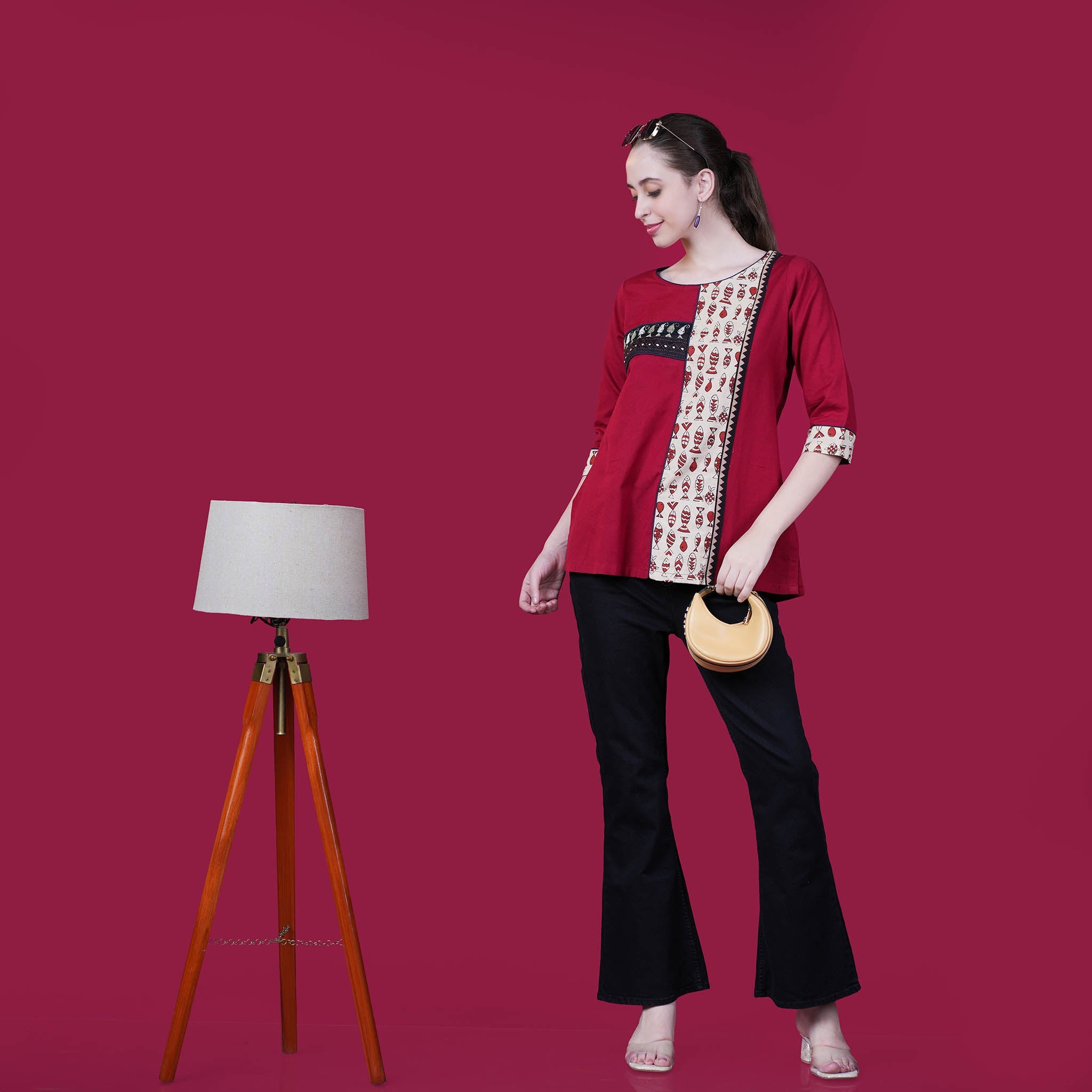 Kantha Work Cotton Designer Tunic With Dabu Patchwork - Red