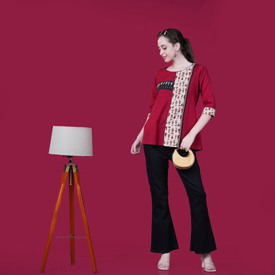 Kantha Work Cotton Designer Tunic With Dabu Patchwork - Red