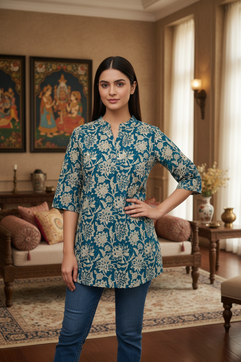 Printed Cotton Tunic - Blue