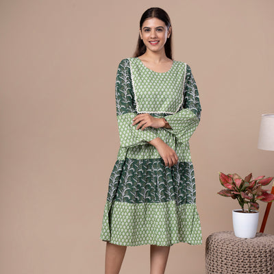 Bagru Print Cotton One Piece Frill Dress