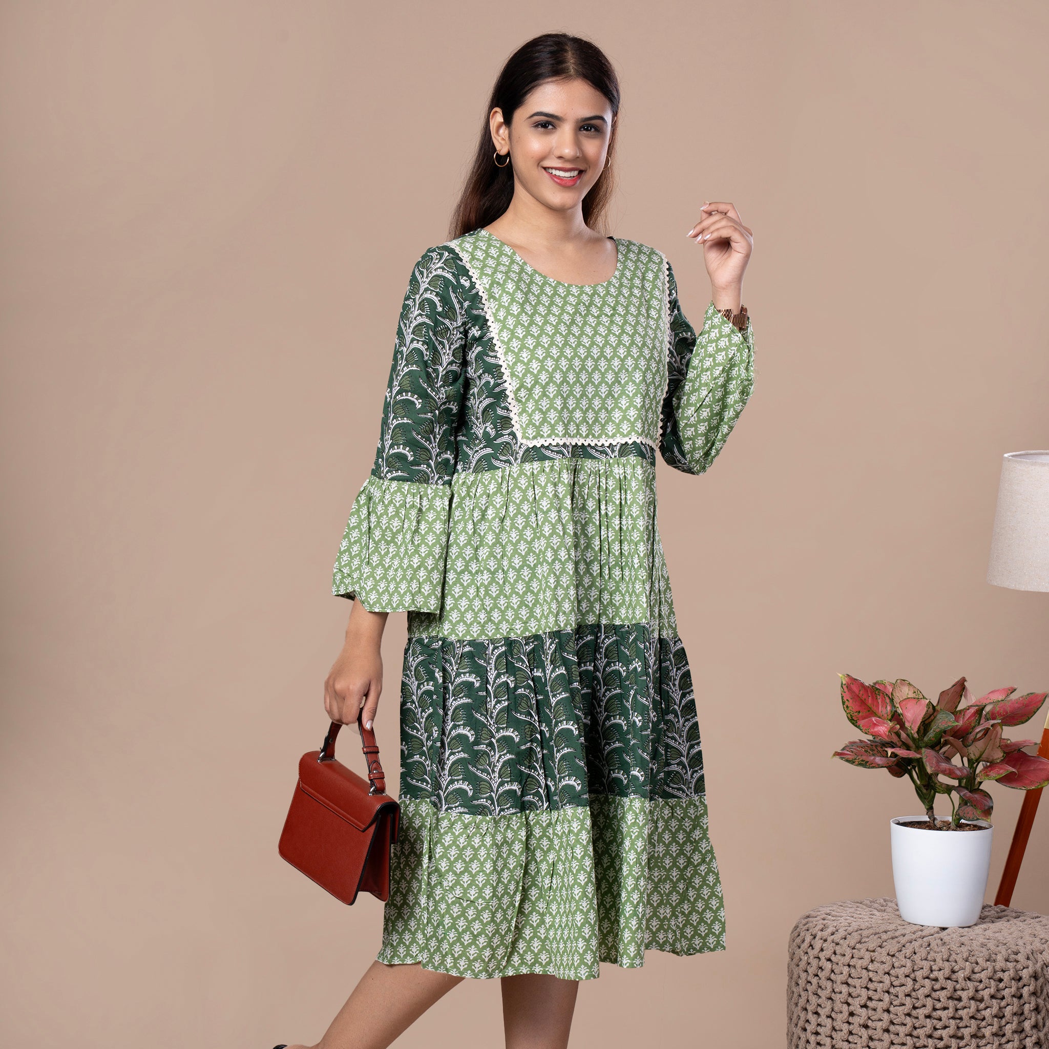 Bagru Print Cotton One Piece Frill Dress