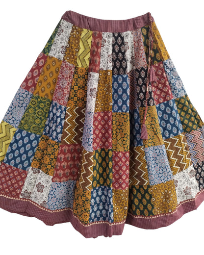 MultiColor Ajrakh Patchwork Organic Cotton Skirt With Kali