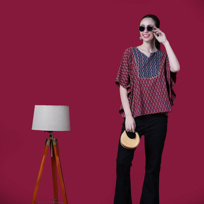 Free Style Loose Fit Crop Top With Panel - Red