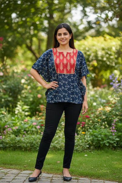 Free Style Loose Fit Crop Top With Panel - Blue