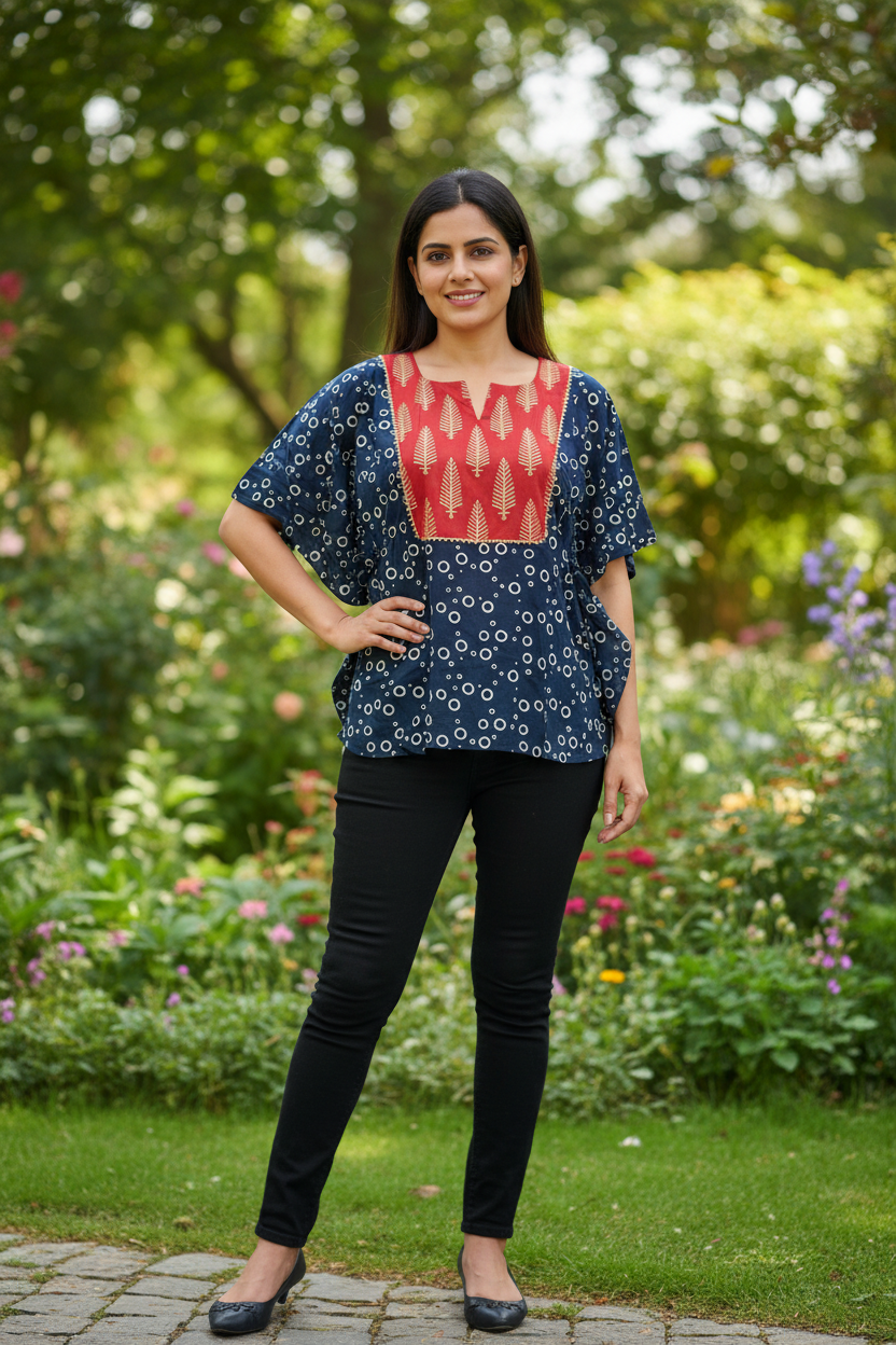 Free Style Loose Fit Crop Top With Panel - Blue