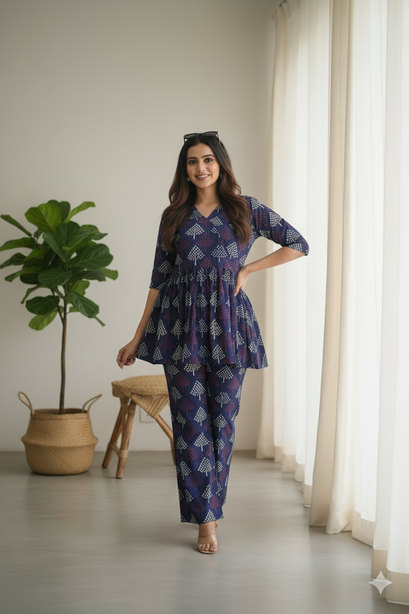 Dabu Print Peplum Cotton Co-Ord Set