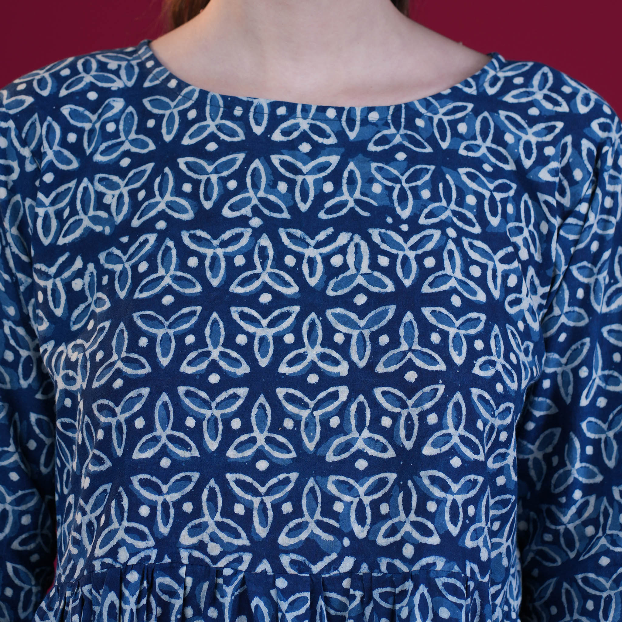 Indigo Dabu Print Frill Cotton One Piece Dress