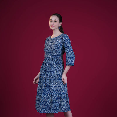 Indigo Dabu Print Frill Cotton One Piece Dress