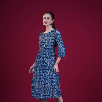 Indigo Dabu Print Frill Cotton One Piece Dress