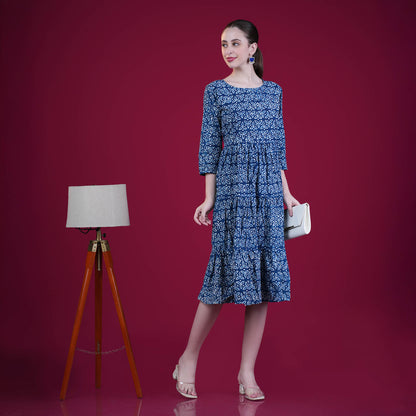 Indigo Dabu Print Frill Cotton One Piece Dress