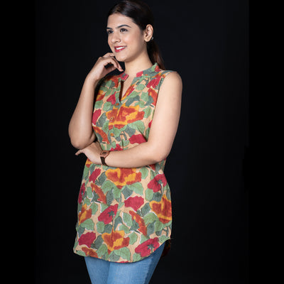 Beige Sleeveless Asian Collar Cotton Tunic with Floral Print