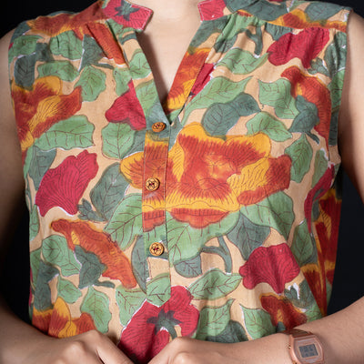 Beige Sleeveless Asian Collar Cotton Tunic with Floral Print