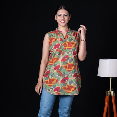 Beige Sleeveless Asian Collar Cotton Tunic with Floral Print