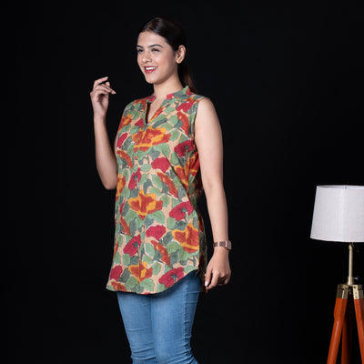 Beige Sleeveless Asian Collar Cotton Tunic with Floral Print