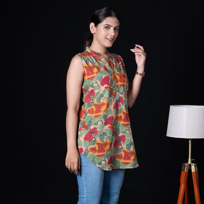 Beige Sleeveless Asian Collar Cotton Tunic with Floral Print