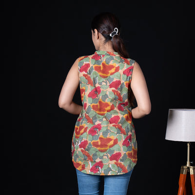 Beige Sleeveless Asian Collar Cotton Tunic with Floral Print